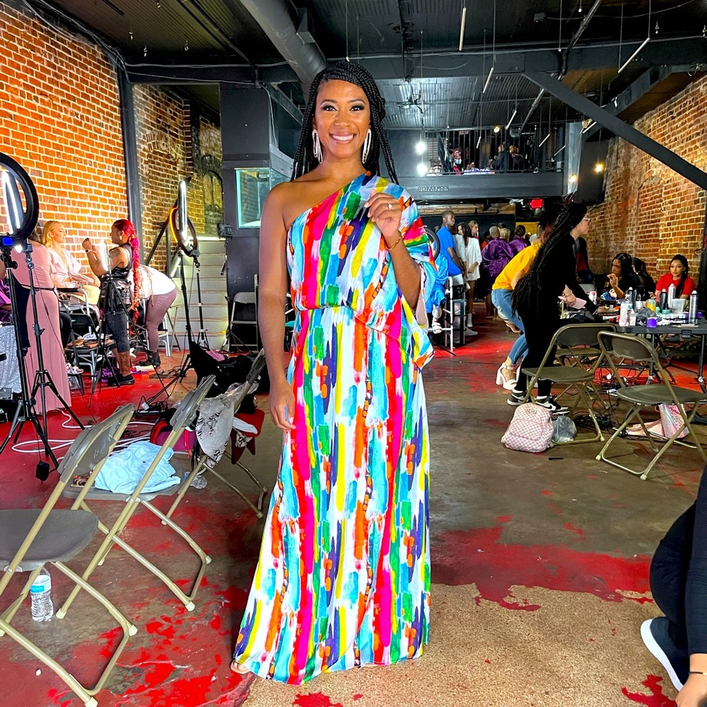 Abstract Multicolor Silky One-Shoulder Maxi Dress